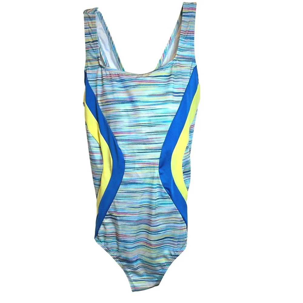 Lands End One Piece Swimsuit X-Back Plus Sz 18 W Colorblock Blue‎ Yellow Modest